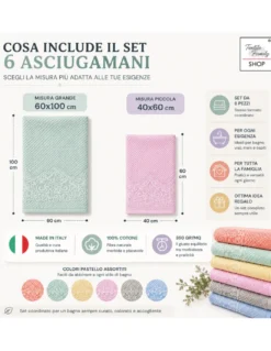 Set Asciugamani Bagno Damasco 6 Pezzi in Cotone, 350 gr/mq, Made in Italy