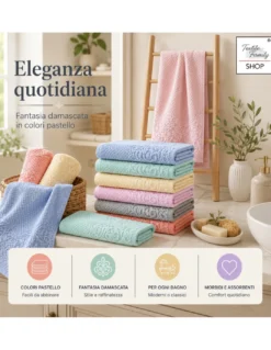 Set Asciugamani Bagno Damasco 6 Pezzi in Cotone, 350 gr/mq, Made in Italy