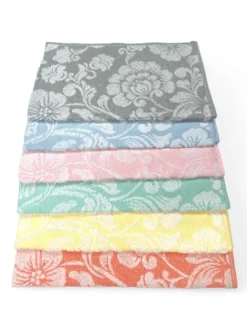 Set Asciugamani Bagno in Cotone 60x100 e 40x60 Flowers, 6 Pezzi, 350 gr/mq, Colori Pastello, Made in Italy, Assorbenti e Morbidi