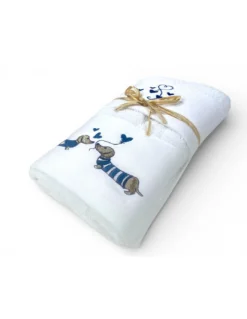 Set Asciugamani Bassotti Blu in Spugna Bianca 100% Cotone | 1 Asciugamano 60x110 + 1 Ospite 40x60 Ricamo Cuori | Made in Italy