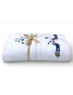 Set Asciugamani Bassotti Blu in Spugna Bianca 100% Cotone | 1 Asciugamano 60x110 + 1 Ospite 40x60 Ricamo Cuori | Made in Italy