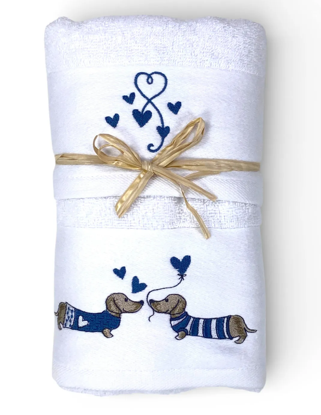 Set Asciugamani Bassotti Blu in Spugna Bianca 100% Cotone | 1 Asciugamano 60x110 + 1 Ospite 40x60 Ricamo Cuori | Made in Italy