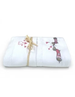 Set Asciugamani Bassotti Rosa in Spugna Bianca 100% Cotone | 1 Asciugamano 60x110 + 1 Ospite 40x60 Ricamo Cuori | Made in Italy