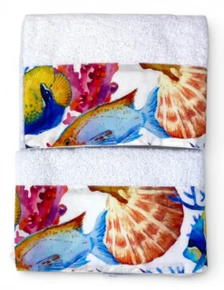 Set Asciugamani Mare Bianco 500 g/m² 100% Cotone | 1 Asciugamano 60x110 + 1 Ospite 40x60 con Balza Acquario Pesci