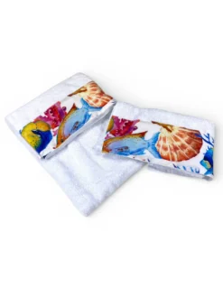 Set Asciugamani Mare Bianco 500 g/m² 100% Cotone | 1 Asciugamano 60x110 + 1 Ospite 40x60 con Balza Acquario Pesci
