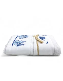 Set Asciugamani Mare Bianco Pesci Coralli - Spugna 100% Cotone - Ricamo Nautico Blu - Made in Italy