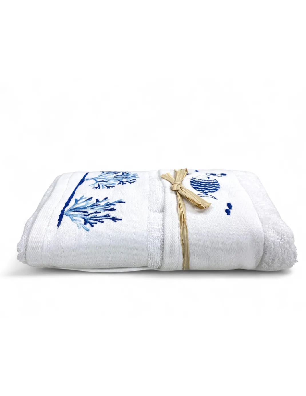 Set Asciugamani Mare Bianco Pesci Coralli - Spugna 100% Cotone - Ricamo Nautico Blu - Made in Italy