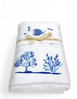 Set Asciugamani Mare Bianco Pesci Coralli - Spugna 100% Cotone - Ricamo Nautico Blu - Made in Italy