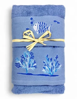 Set Asciugamani Mare Blu Pesci Coralli - Spugna 100% Cotone - Ricamo Nautico Bianco - Made in Italy