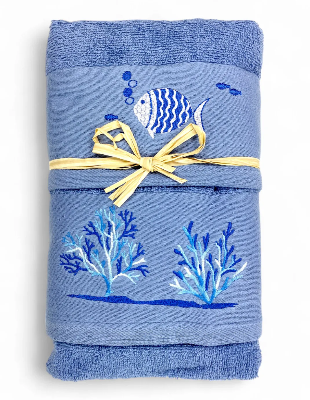Set Asciugamani Mare Blu Pesci Coralli - Spugna 100% Cotone - Ricamo Nautico Bianco - Made in Italy