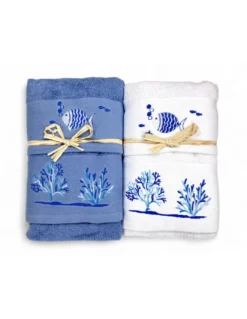 Set Asciugamani Mare Blu Pesci Coralli - Spugna 100% Cotone - Ricamo Nautico Bianco - Made in Italy
