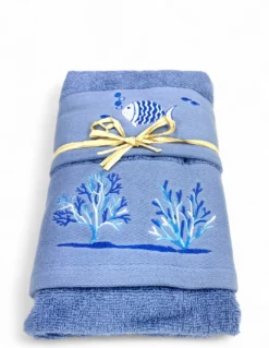 Set Asciugamani Mare Blu Pesci Coralli - Spugna 100% Cotone - Ricamo Nautico Bianco - Made in Italy