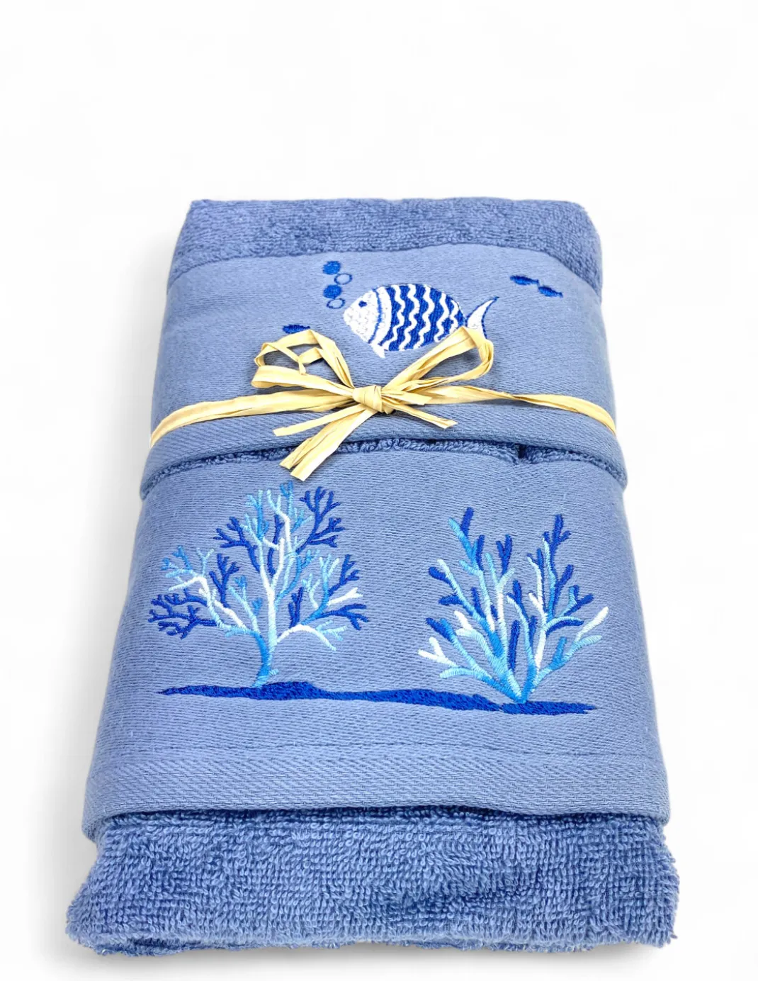 Set Asciugamani Mare Blu Pesci Coralli - Spugna 100% Cotone - Ricamo Nautico Bianco - Made in Italy