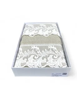 Set Asciugamani 1+1 Pizzo Macramè Toscana Sabbia, Puro Cotone, Made in Italy, Idea Regalo, Confezione Elegante