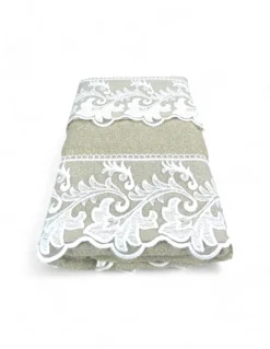 Set Asciugamani 1+1 Pizzo Macramè Toscana Sabbia, Puro Cotone, Made in Italy, Idea Regalo, Confezione Elegante