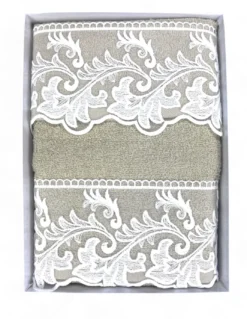 Set Asciugamani 1+1 Pizzo Macramè Toscana Sabbia, Puro Cotone, Made in Italy, Idea Regalo, Confezione Elegante