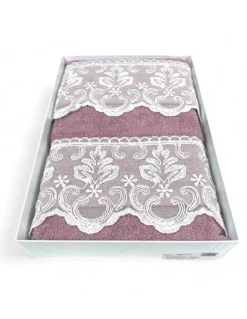 Set Asciugamani 1+1 Pizzo Macramè Malika Rosa, Puro Cotone, Made in Italy, Idea Regalo, Confezione Elegante