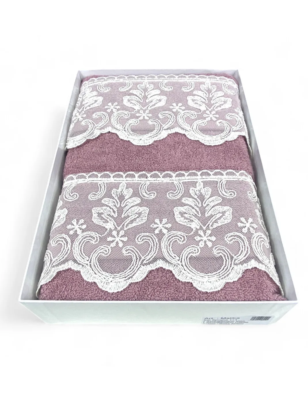 Set Asciugamani 1+1 Pizzo Macramè Malika Rosa, Puro Cotone, Made in Italy, Idea Regalo, Confezione Elegante