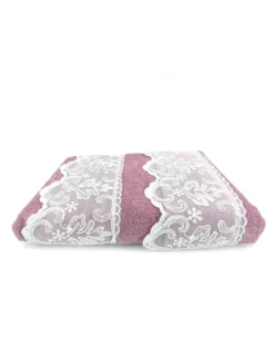 Set Asciugamani 1+1 Pizzo Macramè Malika Rosa, Puro Cotone, Made in Italy, Idea Regalo, Confezione Elegante
