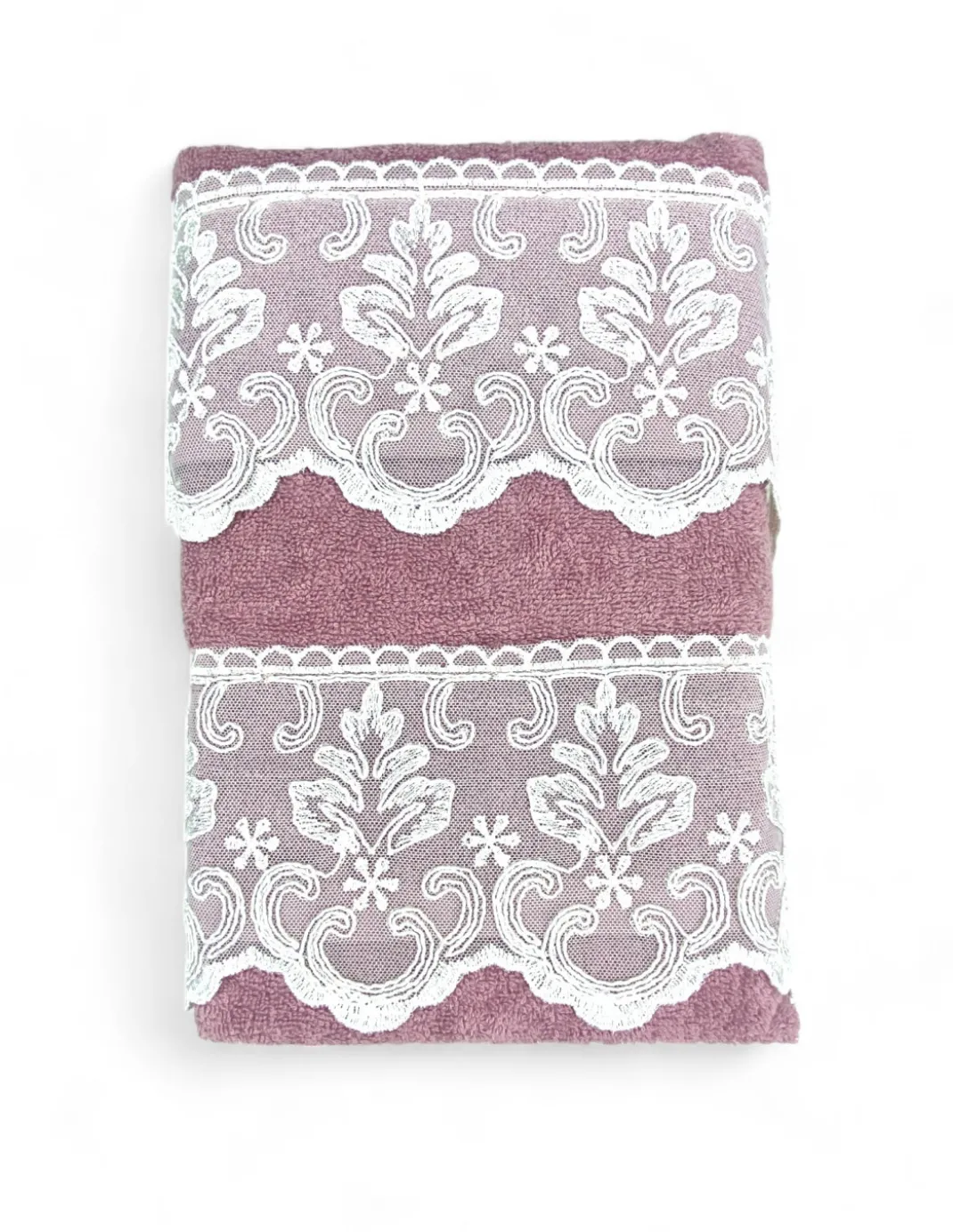 Set Asciugamani 1+1 Pizzo Macramè Malika Rosa, Puro Cotone, Made in Italy, Idea Regalo, Confezione Elegante