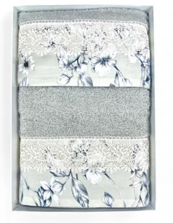 Set Asciugamani 1+1 Pizzo Macramè Glicine Grigio, Puro Cotone, Made in Italy, Idea Regalo, Confezione Elegante