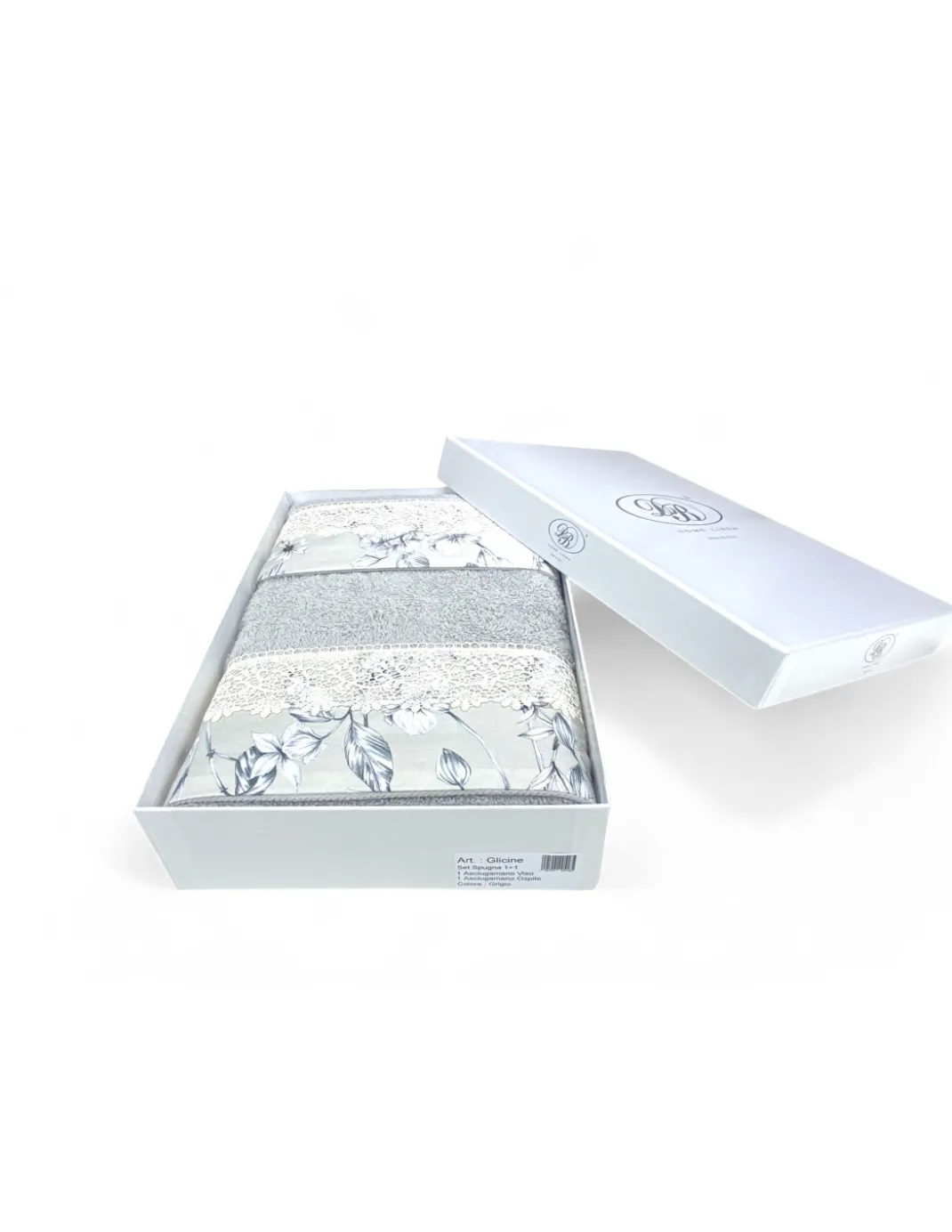 Set Asciugamani 1+1 Pizzo Macramè Glicine Grigio, Puro Cotone, Made in Italy, Idea Regalo, Confezione Elegante