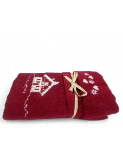 Set Asciugamani Tirolese Casetta Bordeaux - Tirolo - Spugna 100% Cotone - Ricamo Chalet Montagna Made in Italy