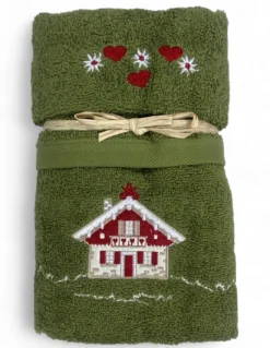 Set Asciugamani Tirolese Casetta Verde - Tirolo - Spugna 100% Cotone - Ricamo Chalet Montagna Made in Italy