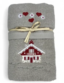 Set Asciugamani Tirolese Casetta Tortora - Tirolo - Spugna 100% Cotone - Ricamo Chalet Montagna Made in Italy