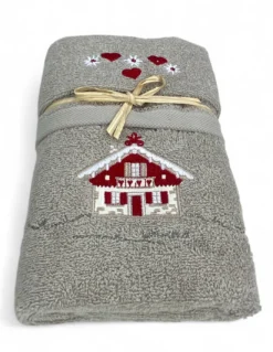 Set Asciugamani Tirolese Casetta Tortora - Tirolo - Spugna 100% Cotone - Ricamo Chalet Montagna Made in Italy