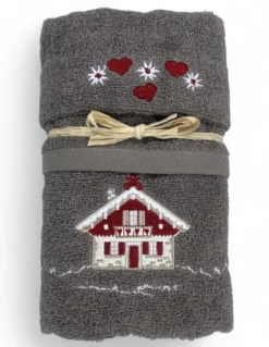 Set Asciugamani Tirolese Casetta Grigio - Tirolo - Spugna 100% Cotone - Ricamo Chalet Montagna Made in Italy