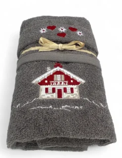 Set Asciugamani Tirolese Casetta Grigio - Tirolo - Spugna 100% Cotone - Ricamo Chalet Montagna Made in Italy