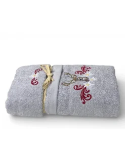 Set Asciugamani Tirolese Cervo e Stelle Alpine Grigio Chiaro - Tirolo - Spugna 100% Cotone - Ricamo Made in Italy