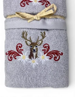 Set Asciugamani Tirolese Cervo e Stelle Alpine Grigio Chiaro - Tirolo - Spugna 100% Cotone - Ricamo Made in Italy