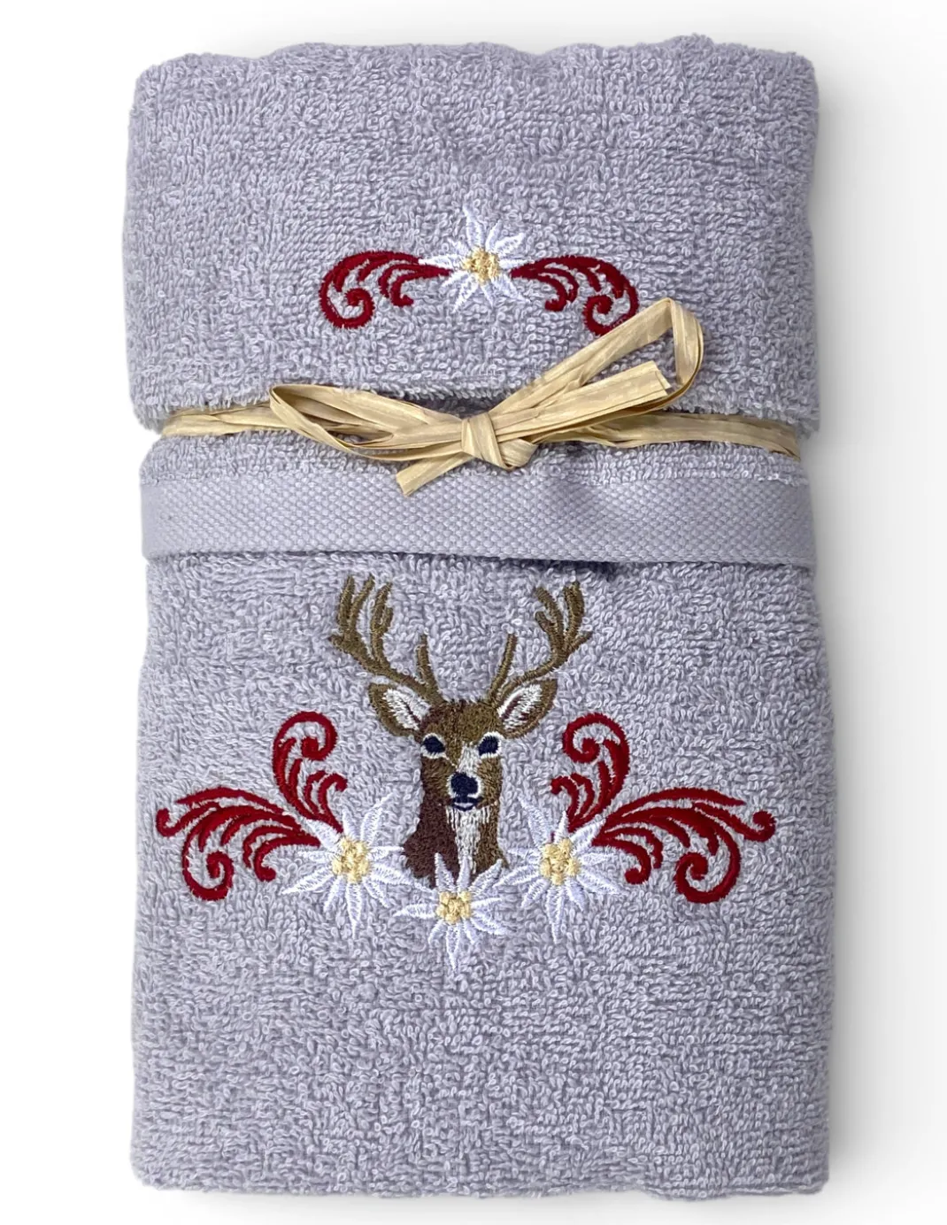 Set Asciugamani Tirolese Cervo e Stelle Alpine Grigio Chiaro - Tirolo - Spugna 100% Cotone - Ricamo Made in Italy