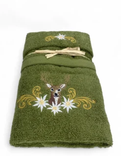 Set Asciugamani Tirolese Cervo e Stelle Alpine Verde - Tirolo - Spugna 100% Cotone - Ricamo Made in Italy