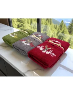 Set Asciugamani Tirolese Cervo e Stelle Alpine Verde - Tirolo - Spugna 100% Cotone - Ricamo Made in Italy