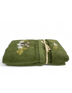 Set Asciugamani Tirolese Cervo e Stelle Alpine Verde - Tirolo - Spugna 100% Cotone - Ricamo Made in Italy