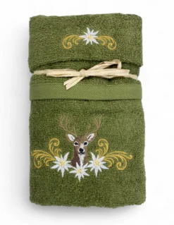 Set Asciugamani Tirolese Cervo e Stelle Alpine Verde - Tirolo - Spugna 100% Cotone - Ricamo Made in Italy