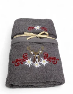 Set Asciugamani Tirolese Cervo e Stelle Alpine Grigio - Tirolo - Spugna 100% Cotone - Ricamo Made in Italy