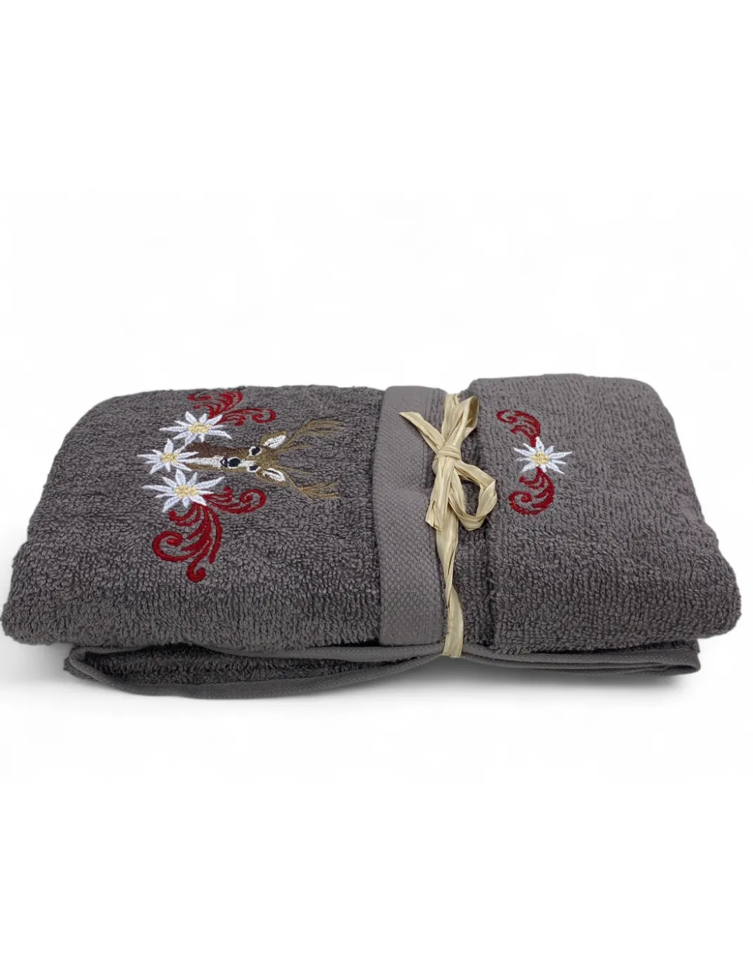 Set Asciugamani Tirolese Cervo e Stelle Alpine Grigio - Tirolo - Spugna 100% Cotone - Ricamo Made in Italy