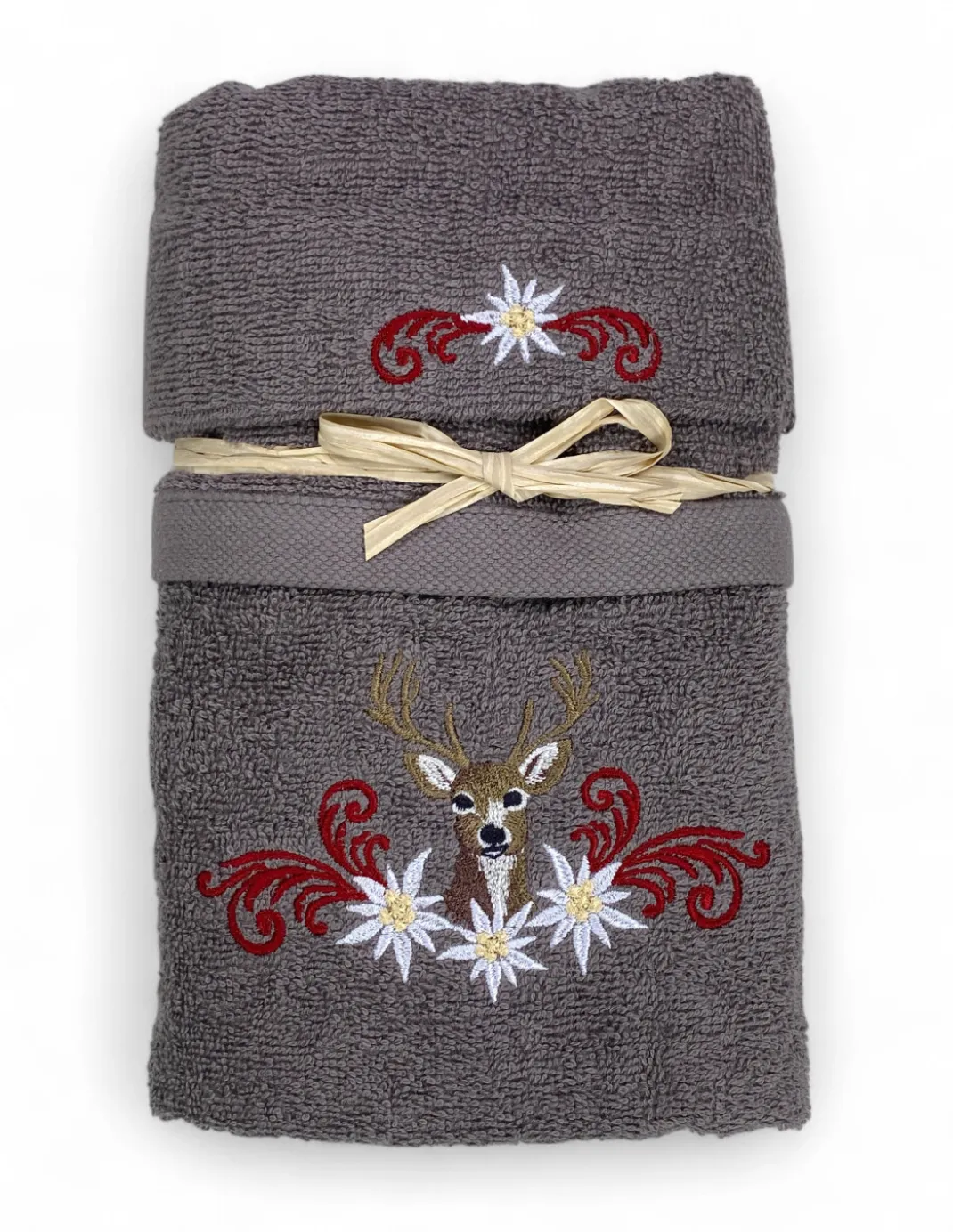 Set Asciugamani Tirolese Cervo e Stelle Alpine Grigio - Tirolo - Spugna 100% Cotone - Ricamo Made in Italy