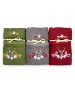 Set Asciugamani Tirolese Cervo e Stelle Alpine Bordeaux - Tirolo - Spugna 100% Cotone - Ricamo Made in Italy
