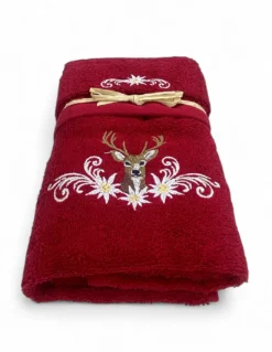Set Asciugamani Tirolese Cervo e Stelle Alpine Bordeaux - Tirolo - Spugna 100% Cotone - Ricamo Made in Italy