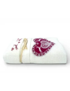 Set Asciugamani Tirolese Panna Cuore Cervo Ricamato | 1 Asciugamano 60x110 + 1 Ospite 40x60 100% Cotone Made in Italy