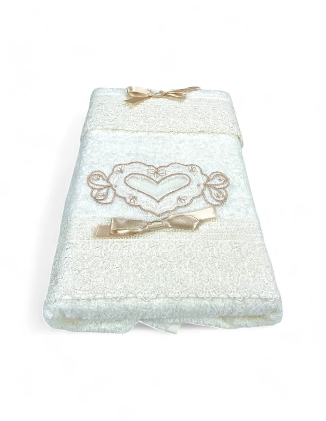 Set Asciugamani 1+1 Vanità Panna, Ricamo Cuore e Pizzo, Puro Cotone, Made in Italy, Idea Regalo, Confezione Elegante