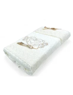 Set Asciugamani 1+1 Vanità Panna, Ricamo Cuore e Pizzo, Puro Cotone, Made in Italy, Idea Regalo, Confezione Elegante