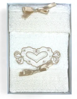 Set Asciugamani 1+1 Vanità Panna, Ricamo Cuore e Pizzo, Puro Cotone, Made in Italy, Idea Regalo, Confezione Elegante