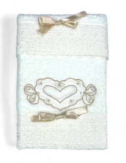 Set Asciugamani 1+1 Vanità Panna, Ricamo Cuore e Pizzo, Puro Cotone, Made in Italy, Idea Regalo, Confezione Elegante