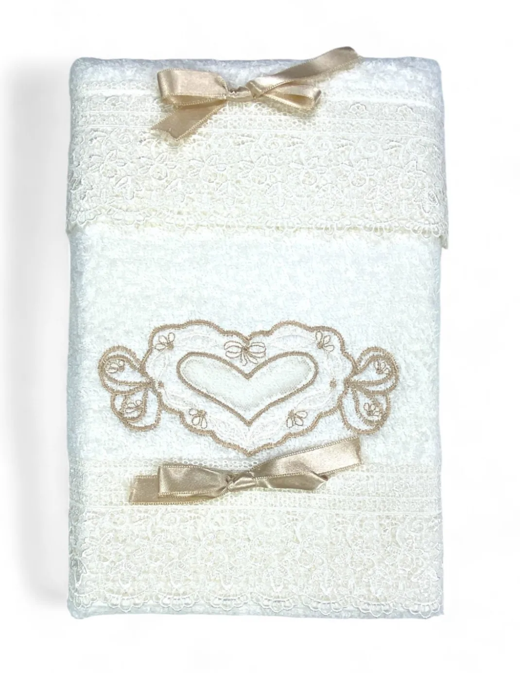Set Asciugamani 1+1 Vanità Panna, Ricamo Cuore e Pizzo, Puro Cotone, Made in Italy, Idea Regalo, Confezione Elegante